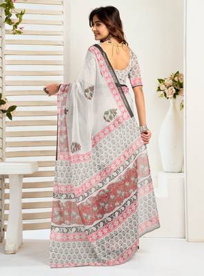 White linen floral  printed ready to wear saree 4