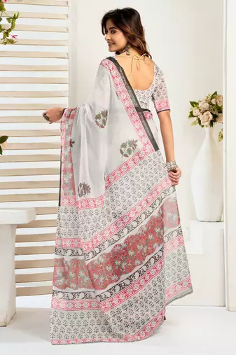 White linen floral  printed ready to wear saree