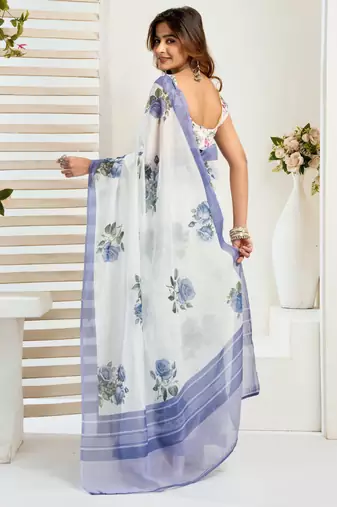 White linen floral  printed ready to wear saree