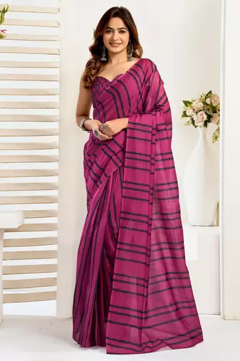Magenta linen striped printed ready to wear saree