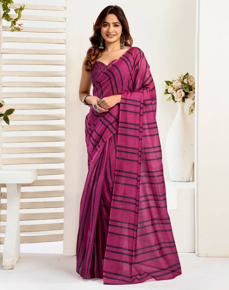 Magenta linen striped printed ready to wear saree