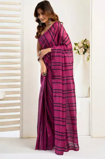 Magenta linen striped printed ready to wear saree