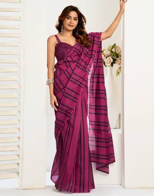Magenta linen striped printed ready to wear saree 3