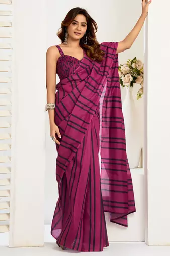 Magenta linen striped printed ready to wear saree