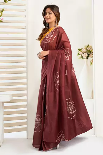 Maroon linen floral  printed ready to wear saree