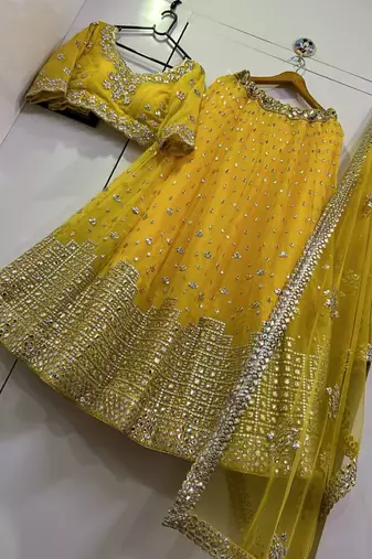 yellow georgette embroidered lehenga choli with dupatta