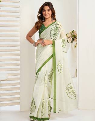 White linen floral  printed ready to wear saree 1