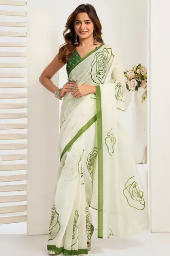 White linen floral  printed ready to wear saree