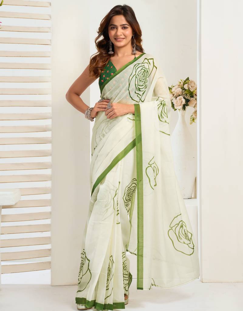 White linen floral  printed ready to wear saree