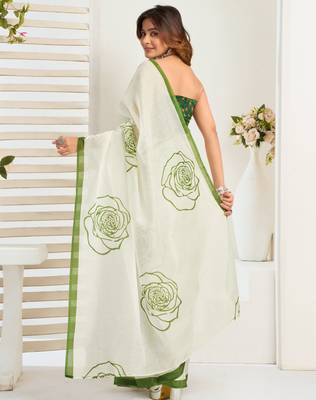 White linen floral  printed ready to wear saree 5