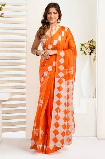 Orange linen checked printed ready to wear saree