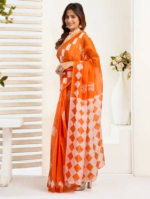 Orange linen checked printed ready to wear saree 2