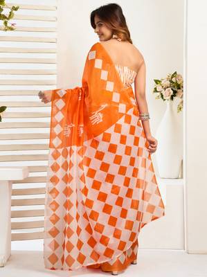 Orange linen checked printed ready to wear saree 4