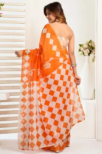 Orange linen checked printed ready to wear saree