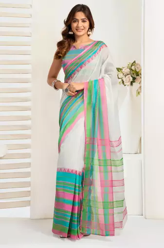 White linen striped printed ready to wear saree