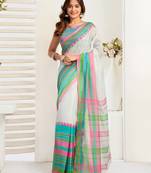 White linen striped printed ready to wear saree