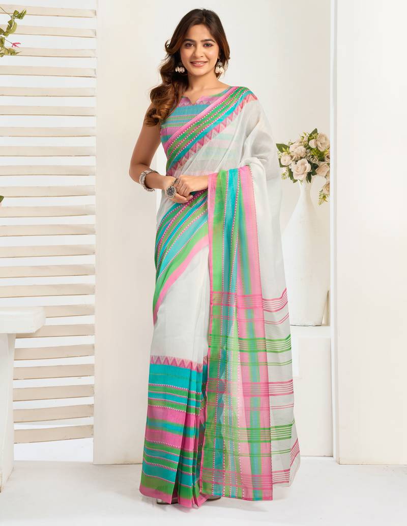 White linen striped printed ready to wear saree