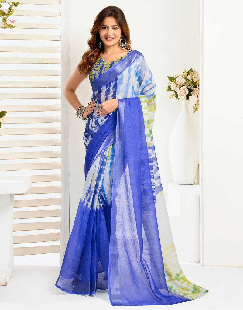 Blue & white linen shibori printed ready to wear saree