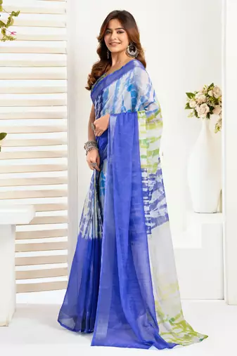 Blue & white linen shibori printed ready to wear saree