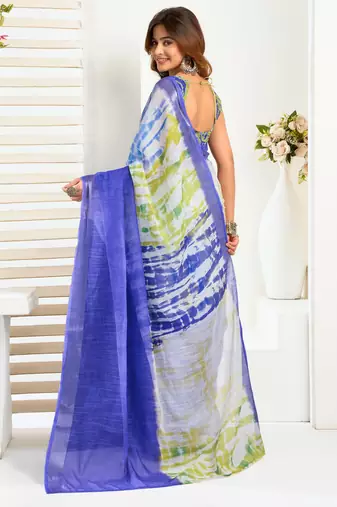 Blue & white linen shibori printed ready to wear saree