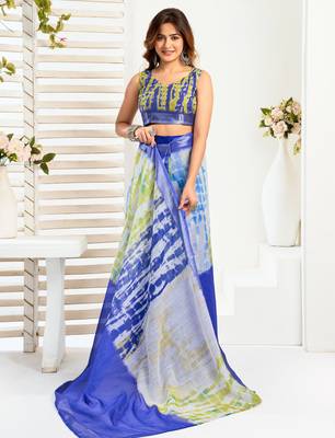 Blue & white linen shibori printed ready to wear saree 5