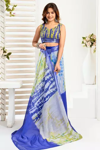 Blue & white linen shibori printed ready to wear saree