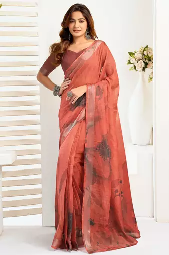 Coral linen floral printed ready to wear saree