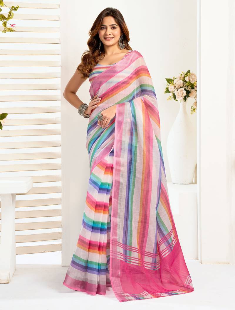Multicolor linen striped printed ready to wear saree