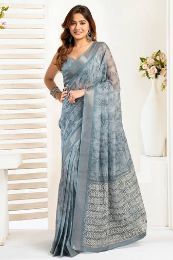 Grey linen floral printed ready to wear saree
