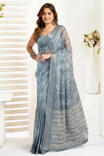 Grey linen floral printed ready to wear saree