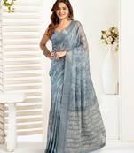 Grey linen floral printed ready to wear saree