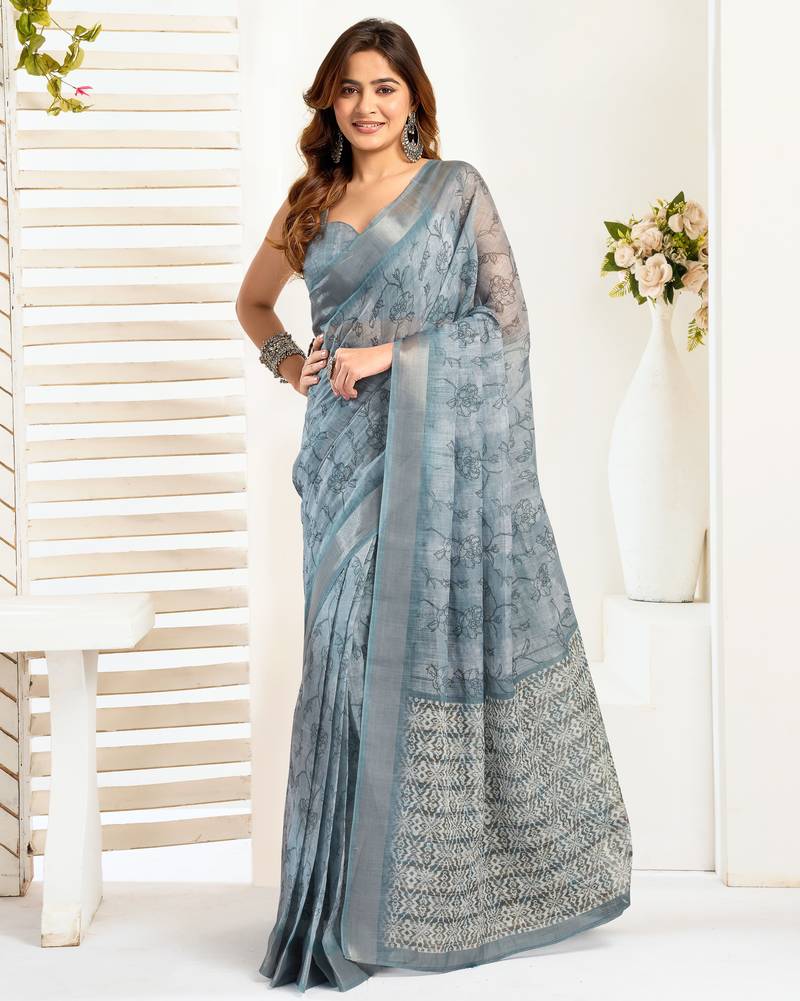Grey linen floral printed ready to wear saree