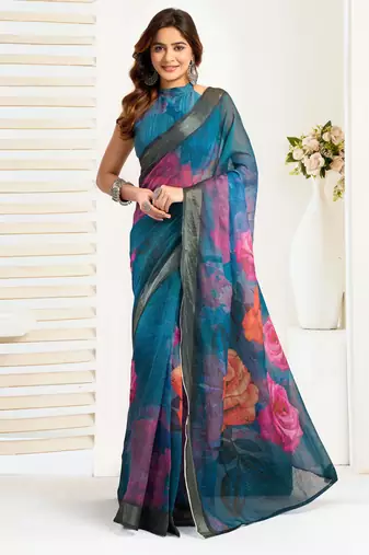Sky blue linen floral printed ready to wear saree