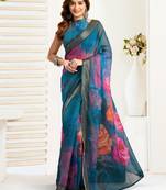 Sky blue linen floral printed ready to wear saree