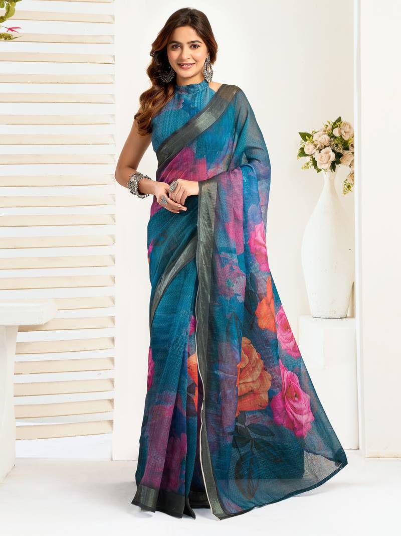 Sky blue linen floral printed ready to wear saree