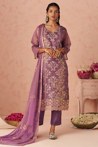Lavender Embroidered Organza Festive Wear Straight Suit
