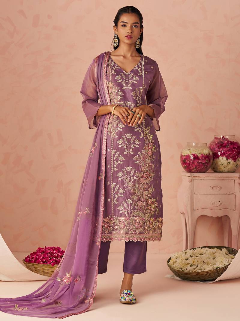 Lavender Embroidered Organza Festive Wear Straight Suit