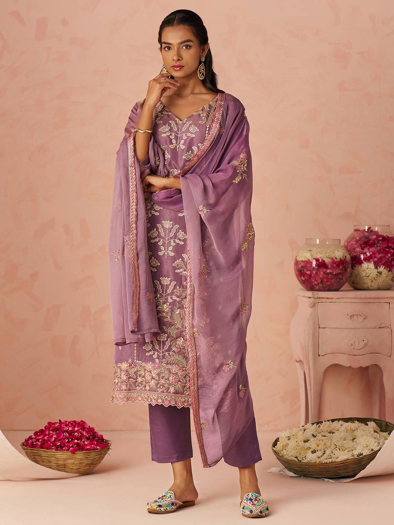Lavender Embroidered Organza Festive Wear Straight Suit
