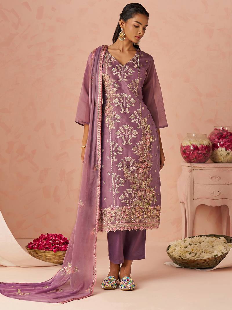 Lavender Embroidered Organza Festive Wear Straight Suit