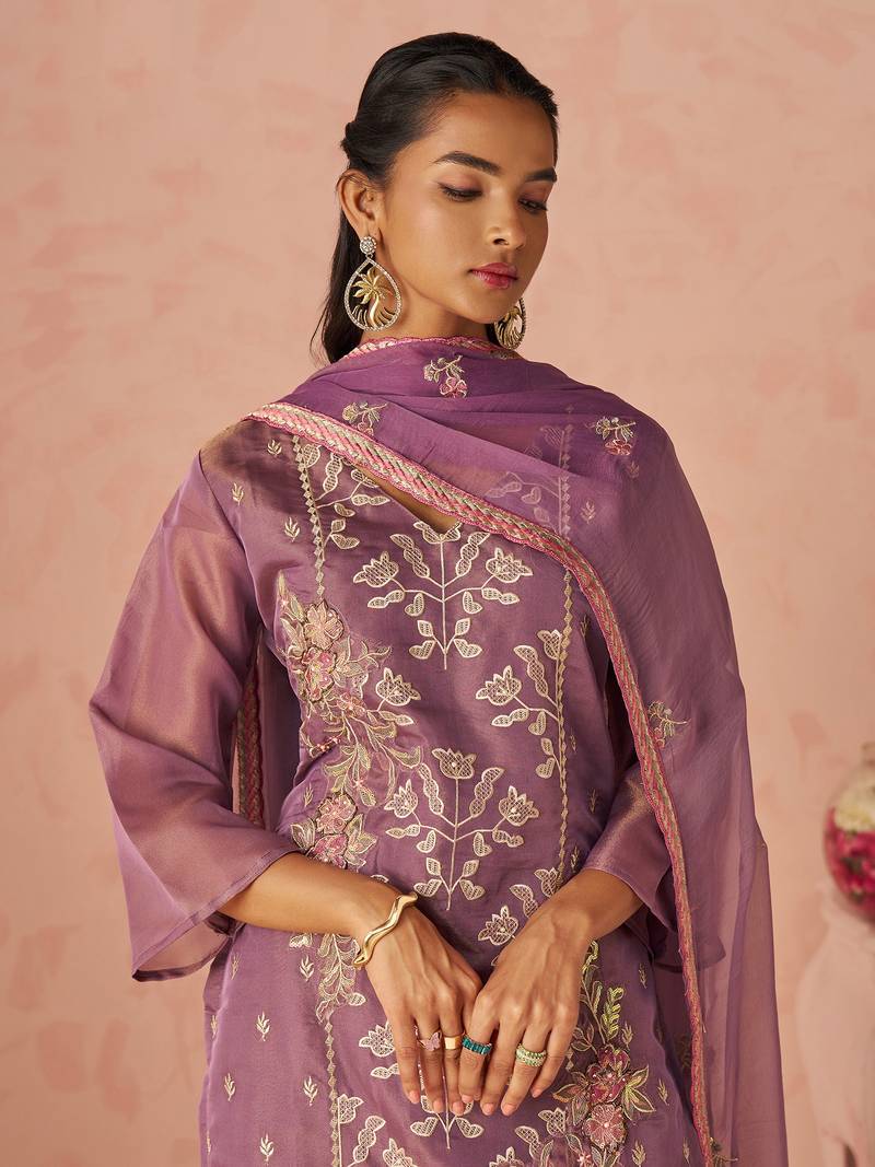 Lavender Embroidered Organza Festive Wear Straight Suit
