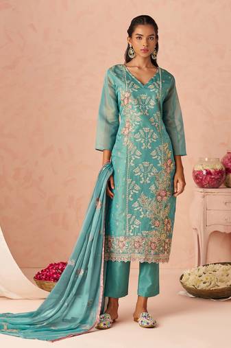 Blue Embroidered Organza Festive Wear Straight Suit