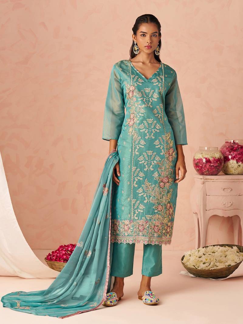 Blue Embroidered Organza Festive Wear Straight Suit