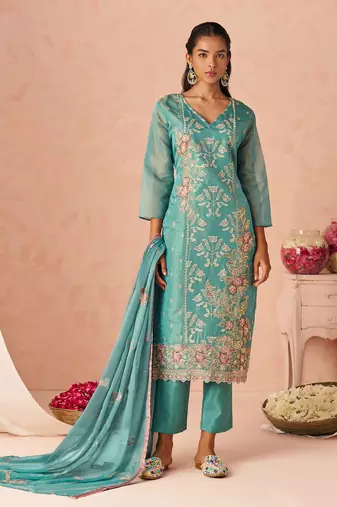 Blue Embroidered Organza Festive Wear Straight Suit