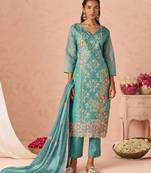 Blue Embroidered Organza Festive Wear Straight Suit