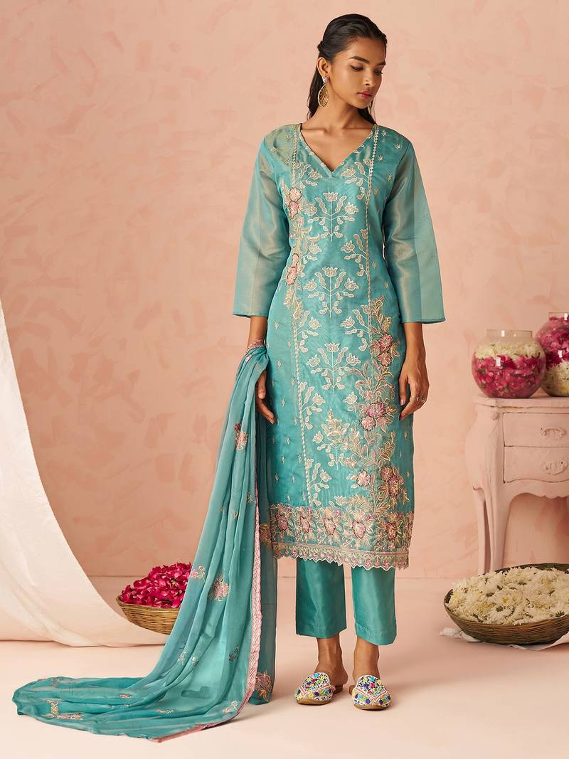 Blue Embroidered Organza Festive Wear Straight Suit