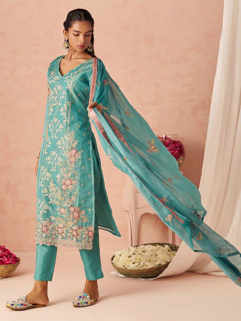 Blue Embroidered Organza Festive Wear Straight Suit