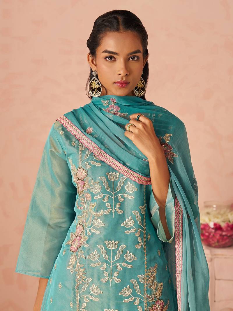 Blue Embroidered Organza Festive Wear Straight Suit