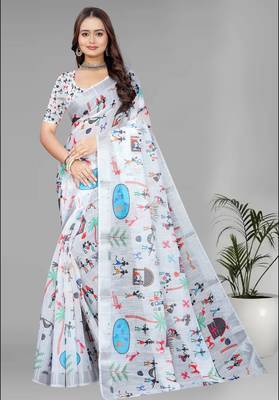 White colour linen cotton varli digital print saree 1
