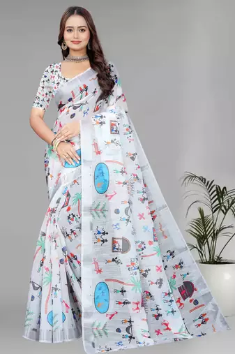 White colour linen cotton varli digital print saree