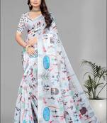 White colour linen cotton varli digital print saree